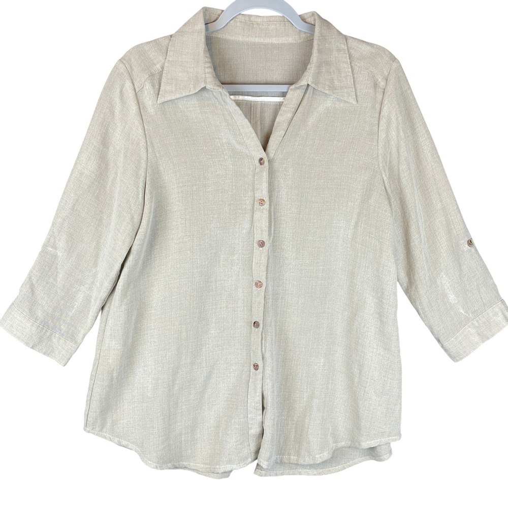 Fridaze Linen Redefined 100% Linen Button Down Shirt Beige 3/4 Sleeve Womens XS